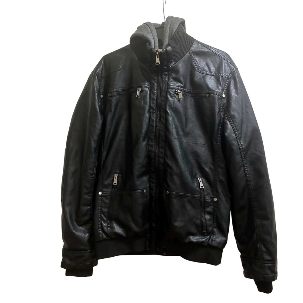 Creatmo.Us Bomber Jacket Mens M Black Hooded Faux Leather Moto Biker Streetwear